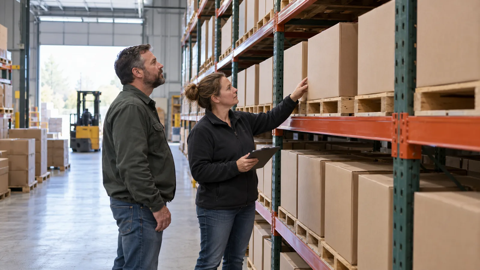 An owner reviewing stock with a warehouse manager