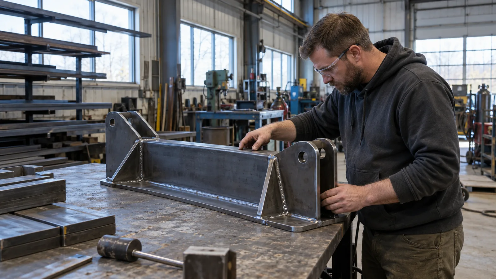 A fabrication supervisor reviewing a metal workpiece