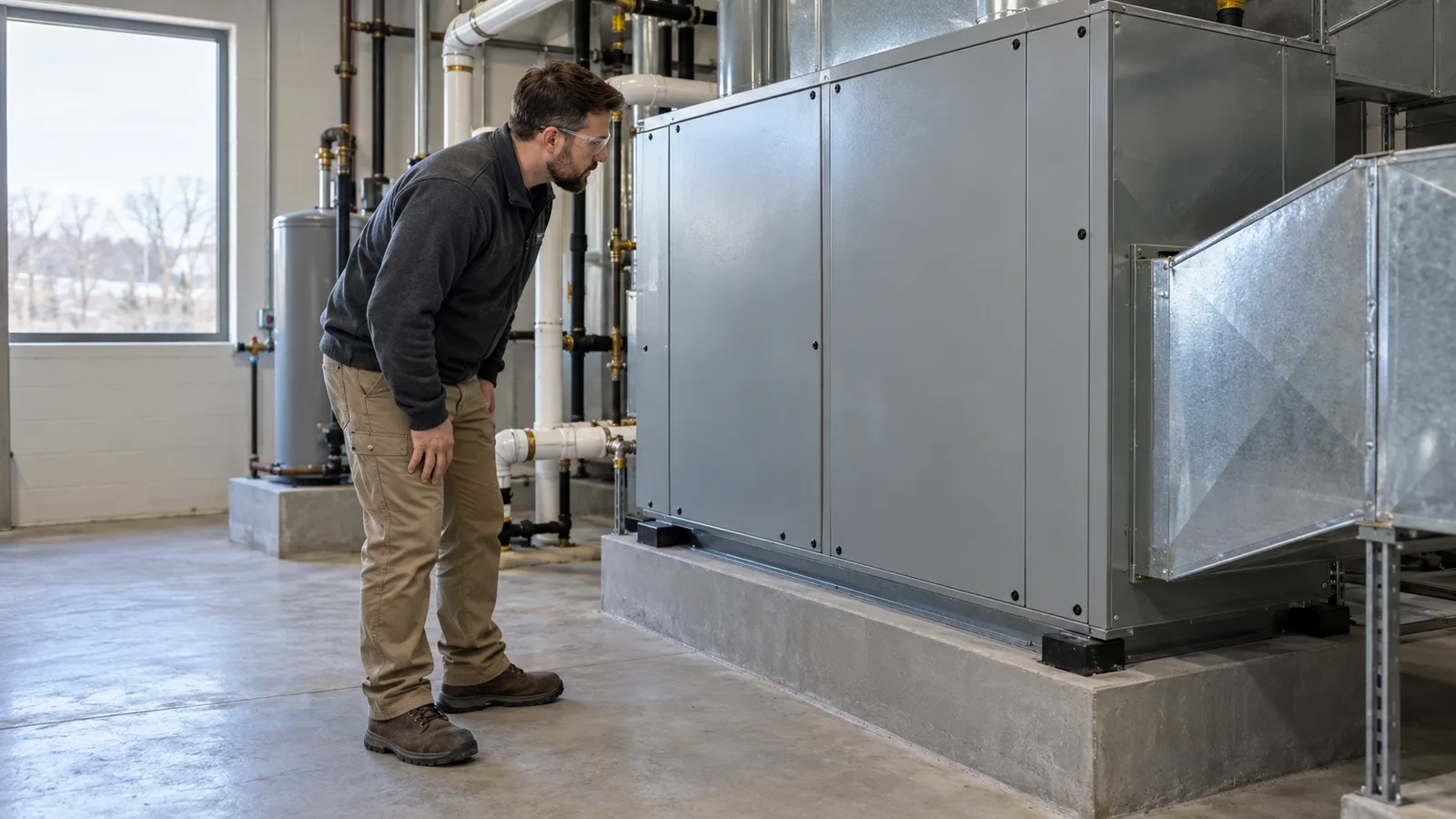 A commercial HVAC technician checking mechanical equipment