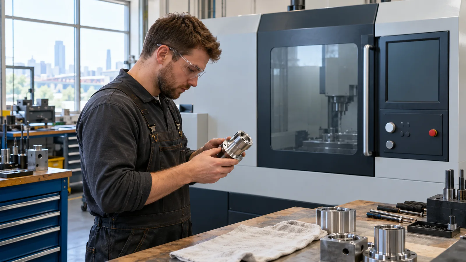 A machinist inspecting a metal component in a workshop